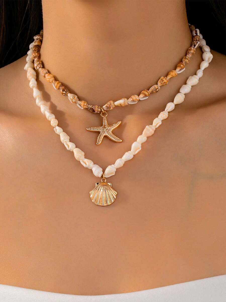 1 colar de contas de conchas naturais estilo praia com pingente de estrela-do-mar tropical feito à mão, gargantilha feminina inspirada no oceano, ideal para férias, festas e uso diário. Os padrões naturais de conchas são distribuídos aleatoriamente.
