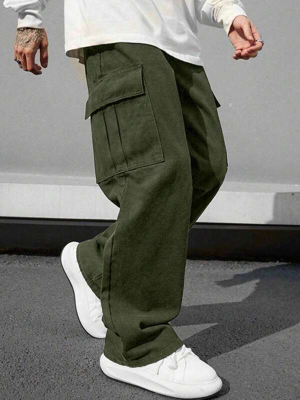 1pc Plus Size Men's Multi-Pocket Solid Color Cargo Pants, Casual Loose Fit For Beach, Vacation, Daily Wear, Sports, Workout, Outdoor, Streetwear, Fitness, Jogging, Straight Leg Trousers, All-Match, Fashionable