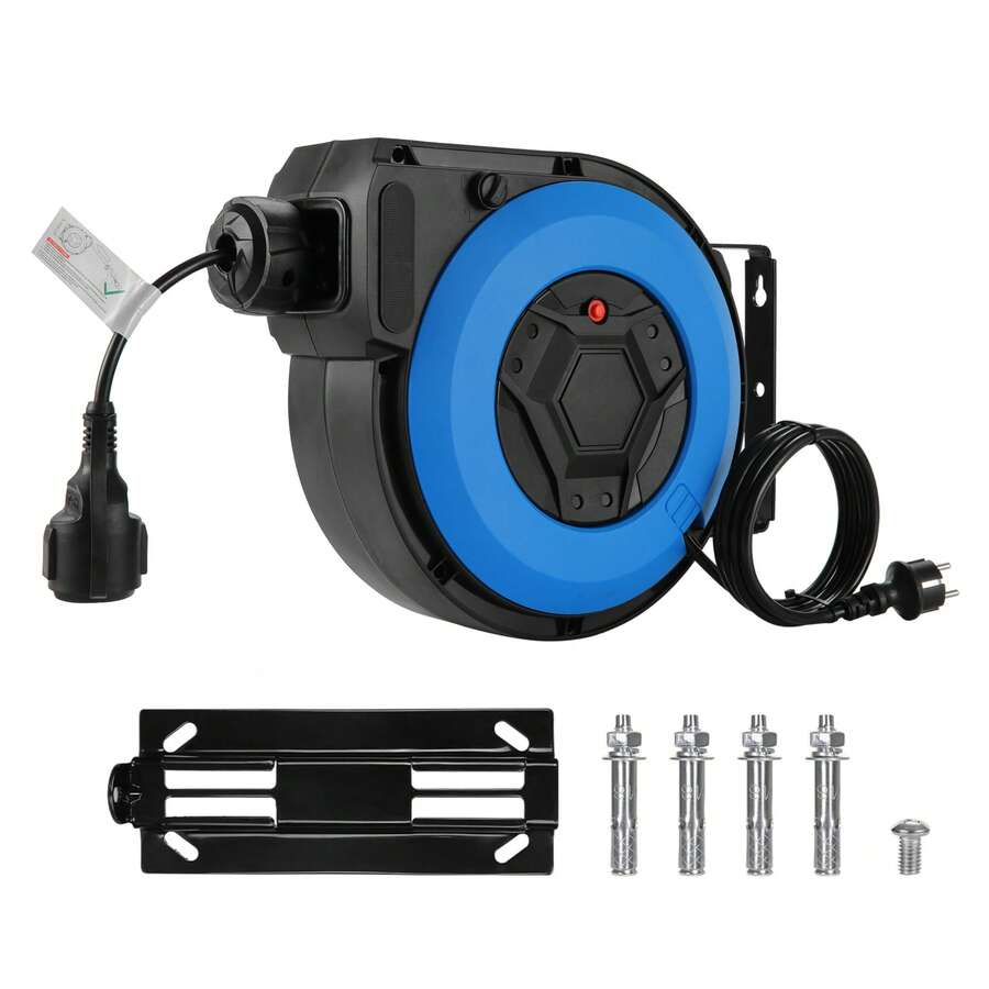 Enrollador de cable automático profesional de 15 m + 2 m, cable giratorio de 180°, apto para uso interior y exterior, con protección contra sobrecargas, 1500-3000 W.