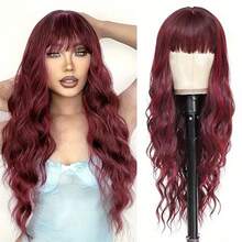26inch Wine Red Wavy Long Hair With Bangs; Elegant And Noble; Soft Hair Quality; Mother's Day Gift And Party Event