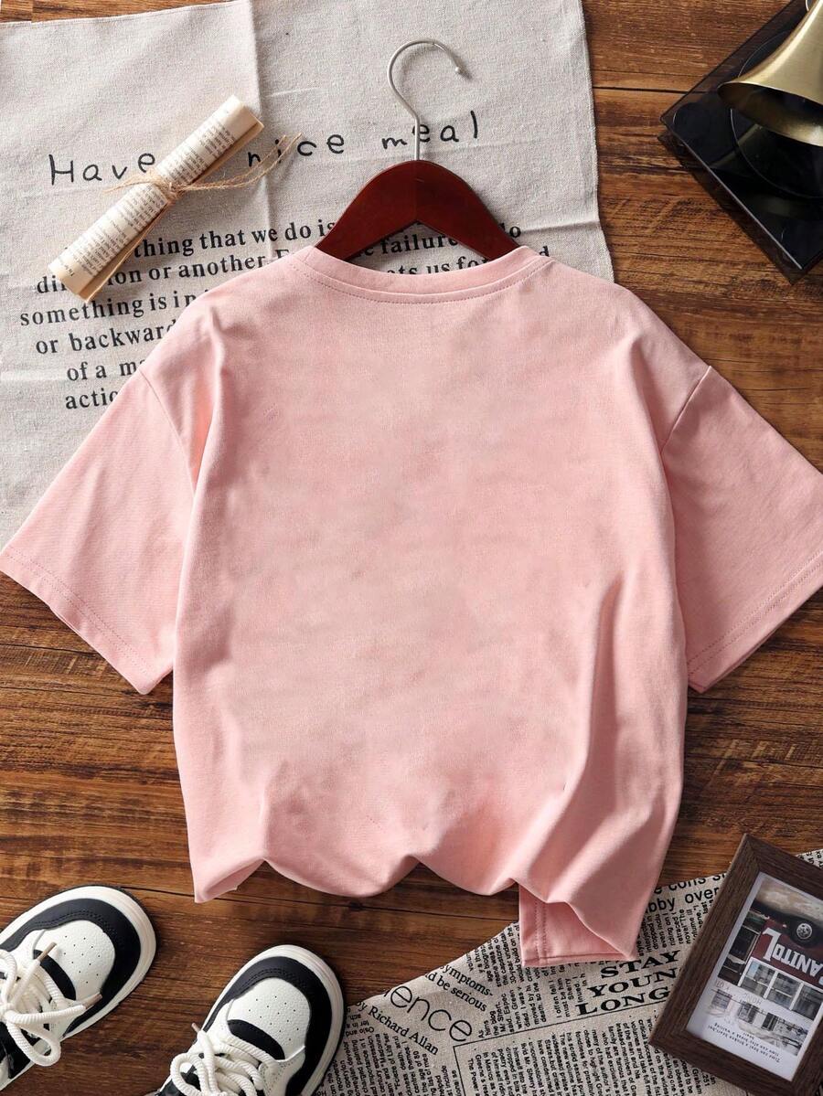 Tween Girl Capybara Print Pullover Short Sleeve T-Shirt, Student Young Casual Summer Top - Pink - View 1