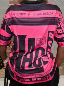 PeachySprinkles Women Pink Letter Print Graphic Tee - Round Neck Short Sleeve Stretch Fitted T-Shirt - Casual Fashion Summer Daily Wear