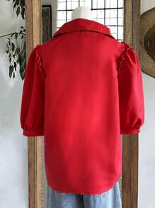 Women's Spring Summer Casual Holiday Solid Colour Shrink Pleated Wooden Earring Button Loose Cardigan Short Sleeve Shirt