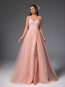 VIPGIRL 优雅粉色吊带薄纱礼服，高开衩设计，女士舞会礼服，长款正式礼服，婚礼宾客礼服，公主风奢华晚礼服，派对礼服 - 粉色 - 查看 6