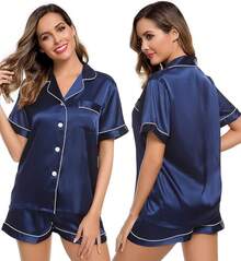 Womens Silk Satin Short Sleeve Loungewear Two-Piece Sleepwear Button-Down Pj Set - Navy Blue-03 - View 1