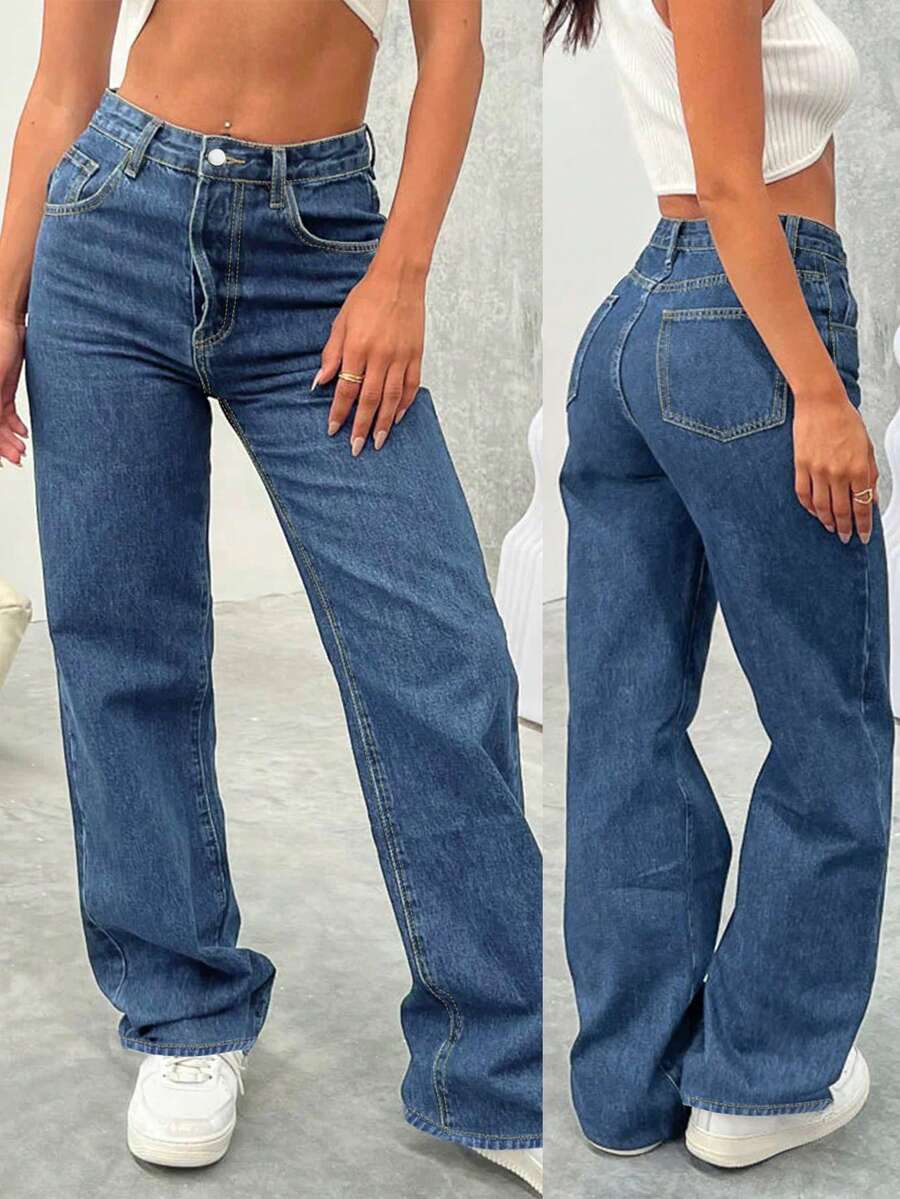 Jeans droits de mi-taille non élastiques de style rétro européen lavés. Nouveau pantalon en jean ample pour femmes, convient pour toutes les saisons - Jean brut - Voir 1