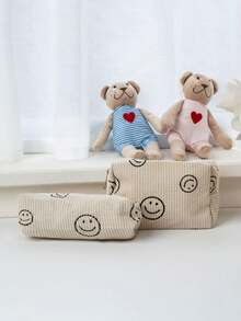 Women's Makeup Bag, Corduroy Makeup Bag Organizer Aesthetic Design Cosmetic Pouch, Girls Pencil Pouch, Cute Smile Face Pink Bow Pattern Y2K Stylish Cosmetic Bag For Travel ,Back To School Travel Essentials Vacation Summer Holiday Back To School School Stuff Bag For School Travel Bag For Women Makeup Bag For Travel - Beige - View 4