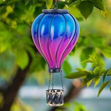 Starsoul Hot Balloon Solar Lantern With Flower Projection Metal Outdoor Waterproof Hot Balloon Solar Lights Hanging Lantern For Garden Yard Patio Decor - Purple+Blue - 查看 3