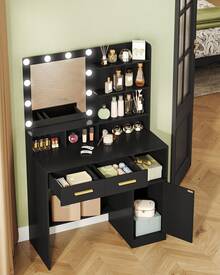 Schminktisch mit Spiegel und 10 LED-Beleuchtung, Einstellbare Helligkeit, Schminkkommode mit 2 Schublade & 1 Schrank, 3 Ablagen & 4 offenen Fächern