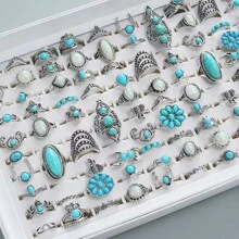 8/10/20 peças/lote de anéis turquesa estilo boêmio retrô para mulheres, conjunto de joias de dedo com pedra artificial azul de estilo misto, estilo presente de festa, envio aleatório