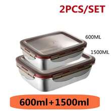 Set 304 Stainless Steel Lunch Box Microwave Heating Bento Box Fruit Food Sauce Fresh-Keeping Box Refrigerator Container Box - 600ML - 查看 10