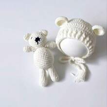 Set di cappellini da bebè a forma di orsacchiotto, accessori per fotografia neonati, giocattoli, cappelli in maglia per neonati, bambola da posa per servizi fotografici di bambini e bambine