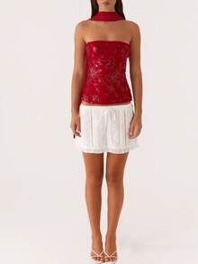 Women Sequin Beaded Tube Top With Scarf Sets Y2k Sparkly Floral Strapless Off The Shoulder Slim Fit Bandeau Crop Tops Summer Backless Sleeveless Pearl Embellished Vests Shirts Bling Glitter Rhinestone Going Out Tops Party Club Streetwear - 紅色 - 查看 3