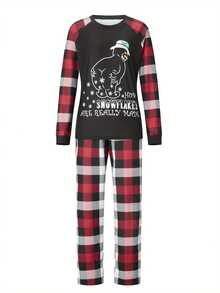 Family Matching Christmas Pajamas, Baby Romper/Dog Clothes/Letter Snowman Print Long Sleeve Tops And Plaid Pants Sleepwear Set - Black - View 1