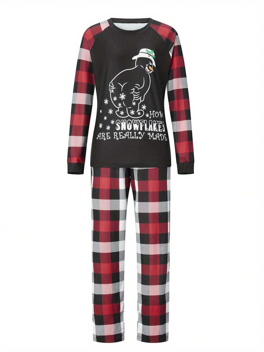Family Matching Christmas Pajamas, Baby Romper/Dog Clothes/Letter Snowman Print Long Sleeve Tops And Plaid Pants Sleepwear Set - Black - View 1