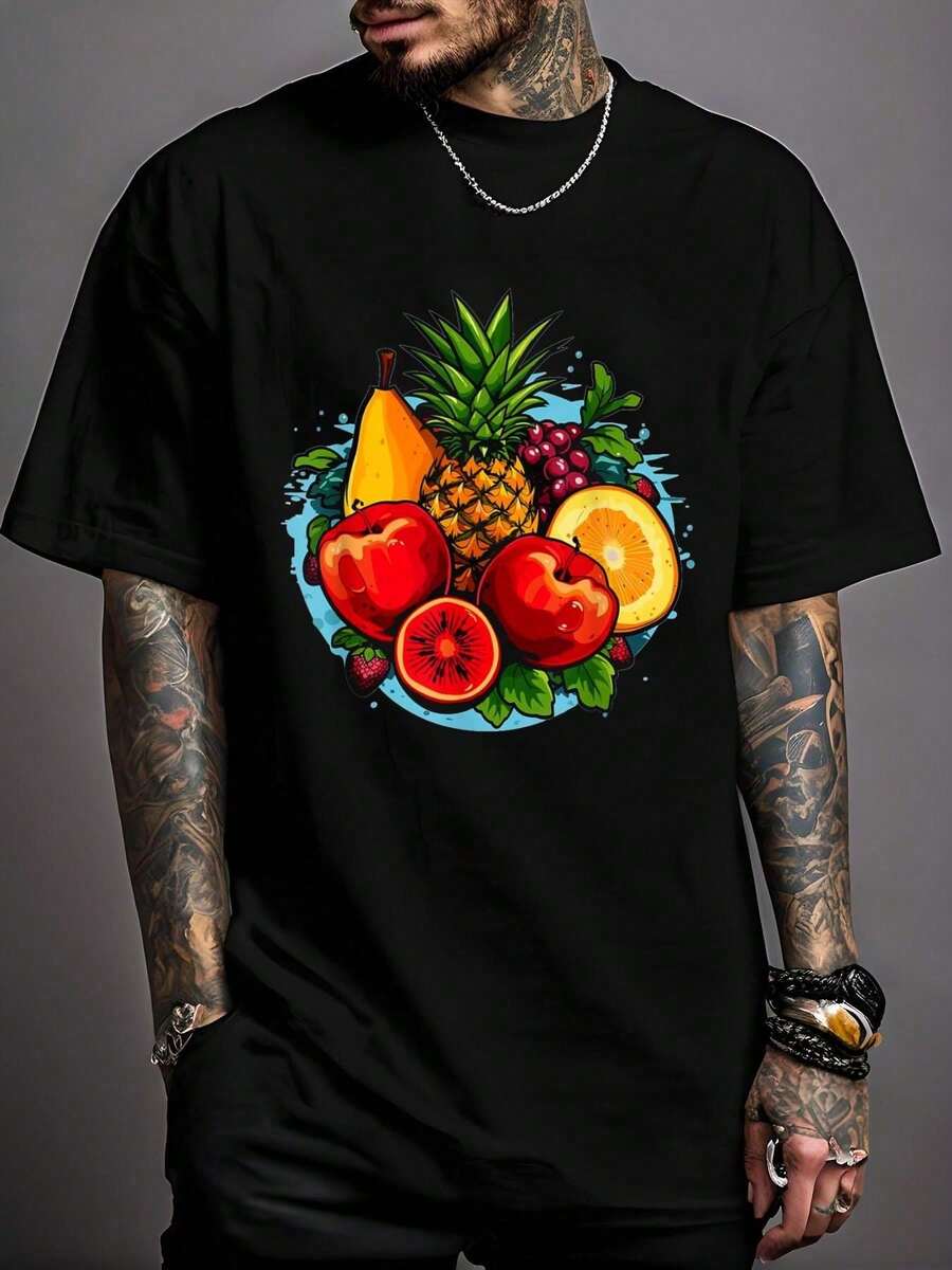 100% Cotton Vibrant Summer Tropical Fruit T-Shirt Print T-Shirt Casual Crew Neck Short Sleeve Comfort Tee Top For Spring & Summer Men's Clothing - Black - View 1
