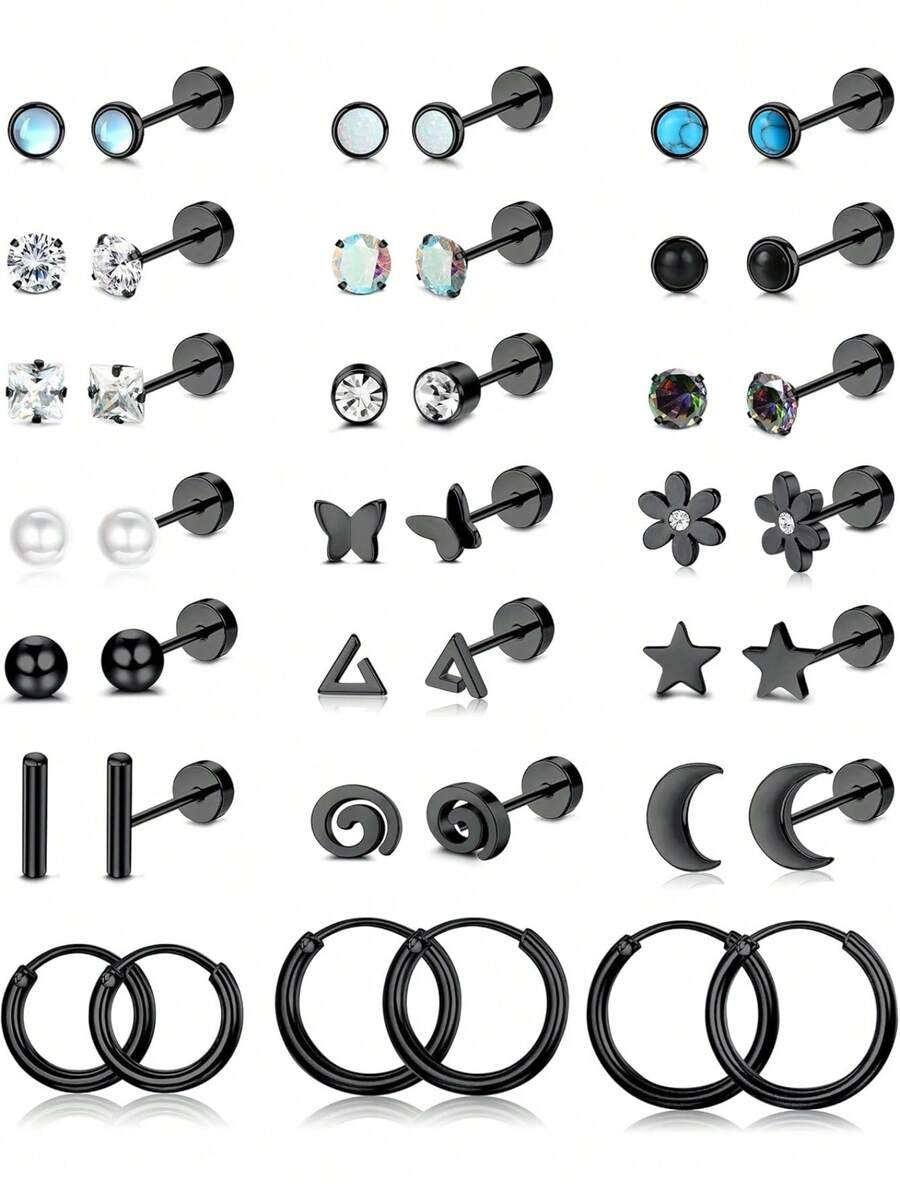 Milacolato 21Pairs Surgical Steel Flat Back Earrings Hypoallergenic 20G Screw Back Nap Stack Cartilage Earring Stacks - Nhiều màu - Xem 1