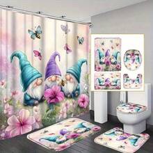 1/3/4 Pcs Hello Spring Gnomes & Pink Bees Printed Shower Curtain Set, Modern Design Suitable For All Seasons, Waterproof Polyester With Hooks And Liner, Soft Surface Bathroom Mat Set Includes Bath Mat, Toilet Mat, U-Shaped Mat And Bathroom Accessories With 12 Hooks, For Bathroom Decor And Home Decoration, A Delicate Holiday Gift Back To School