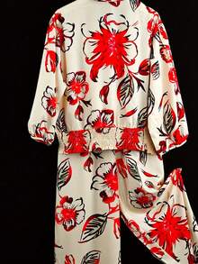 2pcs/Set Plus Size Women Random Print Top And Pants Set - Khaki - View 2