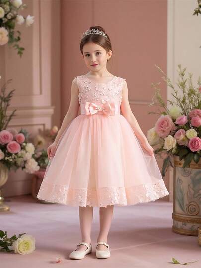 Young Girls Sleeveless Solid Color Elegant Dress With 3D Flower And Bow Decor, Headband Not Included