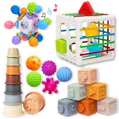 5 合 1 蒙特梭利玩具，适合 6-12 个月婴儿，适合 1 岁，包括感官形状和储物盒玩具、摇铃牙胶和堆叠婴儿积木以及柔软的婴儿健身架和感官球，适合 6 个月以上的婴儿