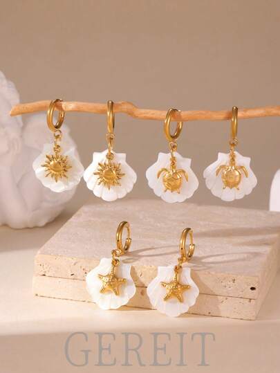 GEREIT 1 Paar modische 18K vergoldete Edelstahl Ohrringe aus der Ocean Serie mit Sonnenblume, weißer Muschel und Seestern, geeignet für Frauen im Urlaub