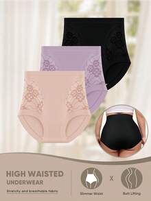 MEIYATING 3pcs Plus Size Women High Waist Panties, Lace Flower Print Breathable Shapewear Underwear - Multicolor - View 5