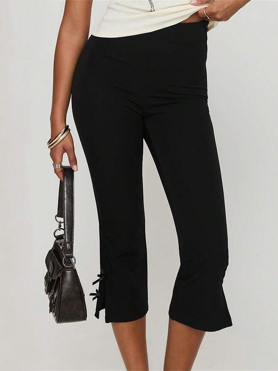 Women Skinny Capri Leggings Bow Tie Up Knee Length Capris Pants Y2k Stretchy Slim Fit Cropped Trousers Summer Coquette Going Out Crop Leggings - 黑色 - 查看 1