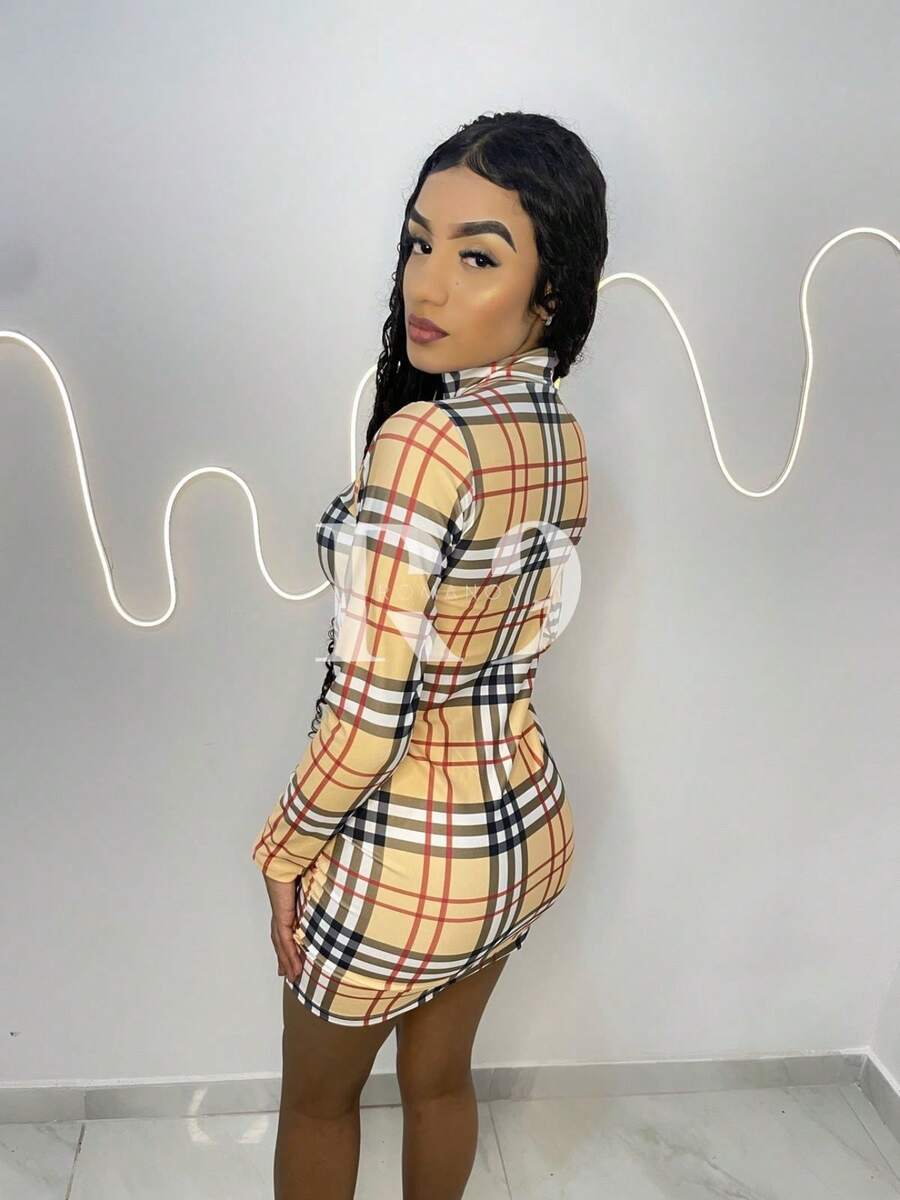 Long Sleeve High Neck Suplex Tube Dress - Nude Chess - View 1