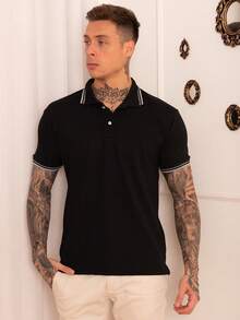 Mr Right Modas Men's Striped Polo Shirt With Piquet Mesh - 黑與白 - 查看 4