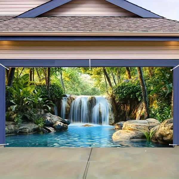 2D Door Banner, Country Waterfall Scene Garage Door Banner - Large Outdoor Decor, Suitable For Barbecue, Family Gatherings And All Season Events, No Power Needed, Waterfall Decoration