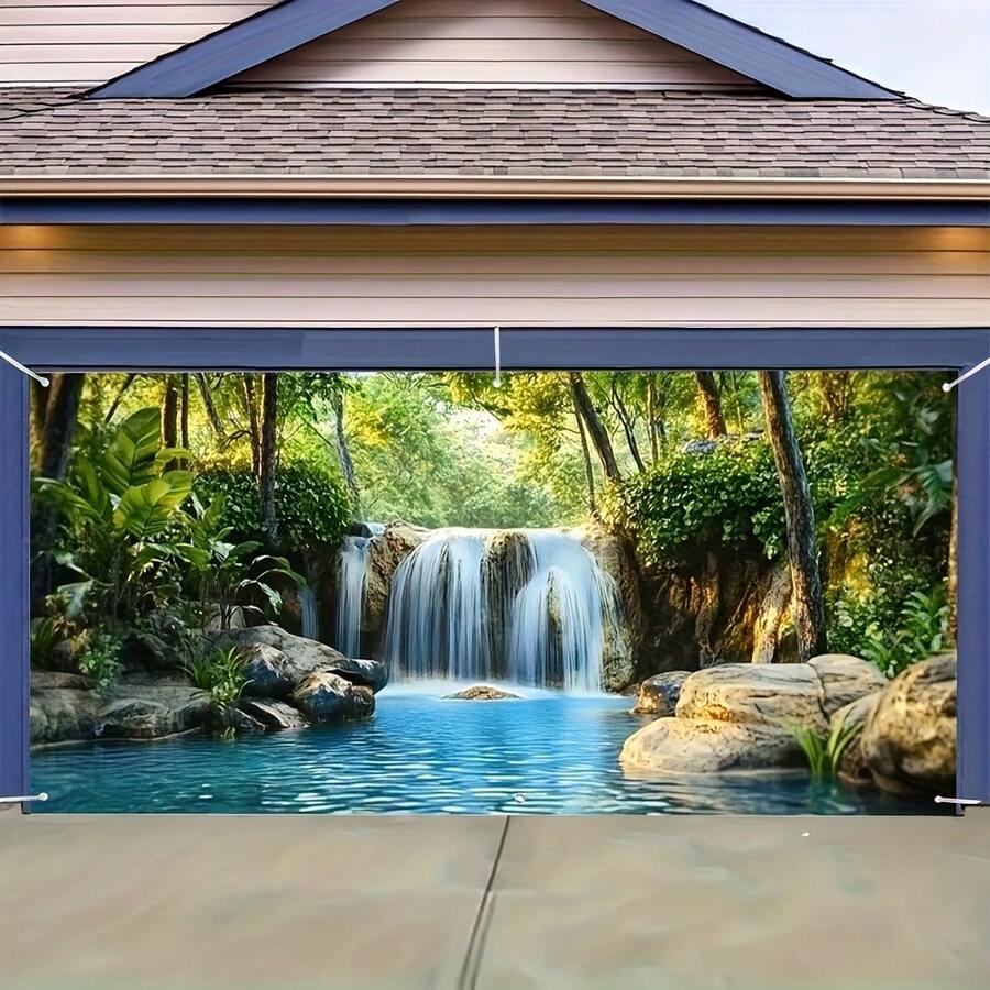 2D 门横幅，乡村瀑布场景车库门横幅 - 大型户外装饰，适合烧烤、家庭聚会和所有季节活动，无需电源，瀑布装饰 - 彩色 - 查看 1