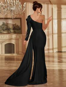 Elisanya Vestido maxi elegante y formal con cuello en V hasta el suelo, con mangas largas y tren de encaje y malla para mujeres