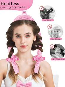 6件套美发造型工具套装，包括：1个免加热卷发器、1个缎面睡眠帽、1个免加热发带、1个发爪夹、1套免加热丝绸卷发套装、1个夜间卷发器、1个柔软睡眠眼罩、1个卷发棒、1个免加热卷发器、1个卷发器、1个美发产品及配件，适用于理发店、美容院、旅行等场合。 - 彩色 - 查看 4