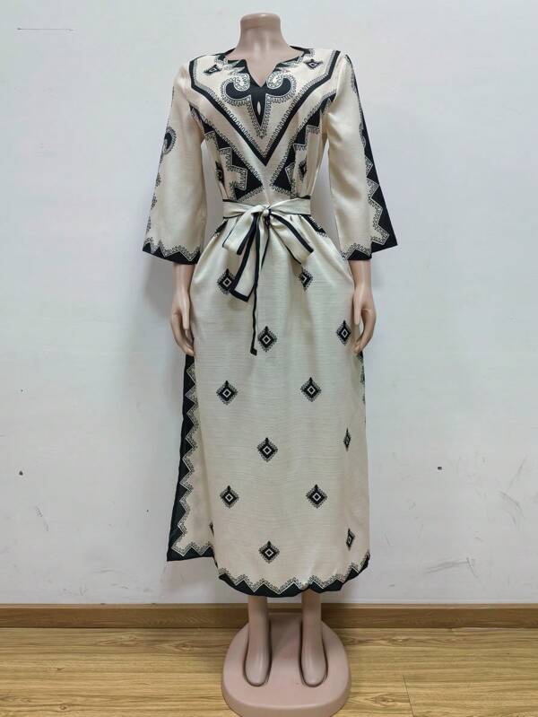 Women Geo Print V-Neck Long Sleeve Tie-Waist Dress
