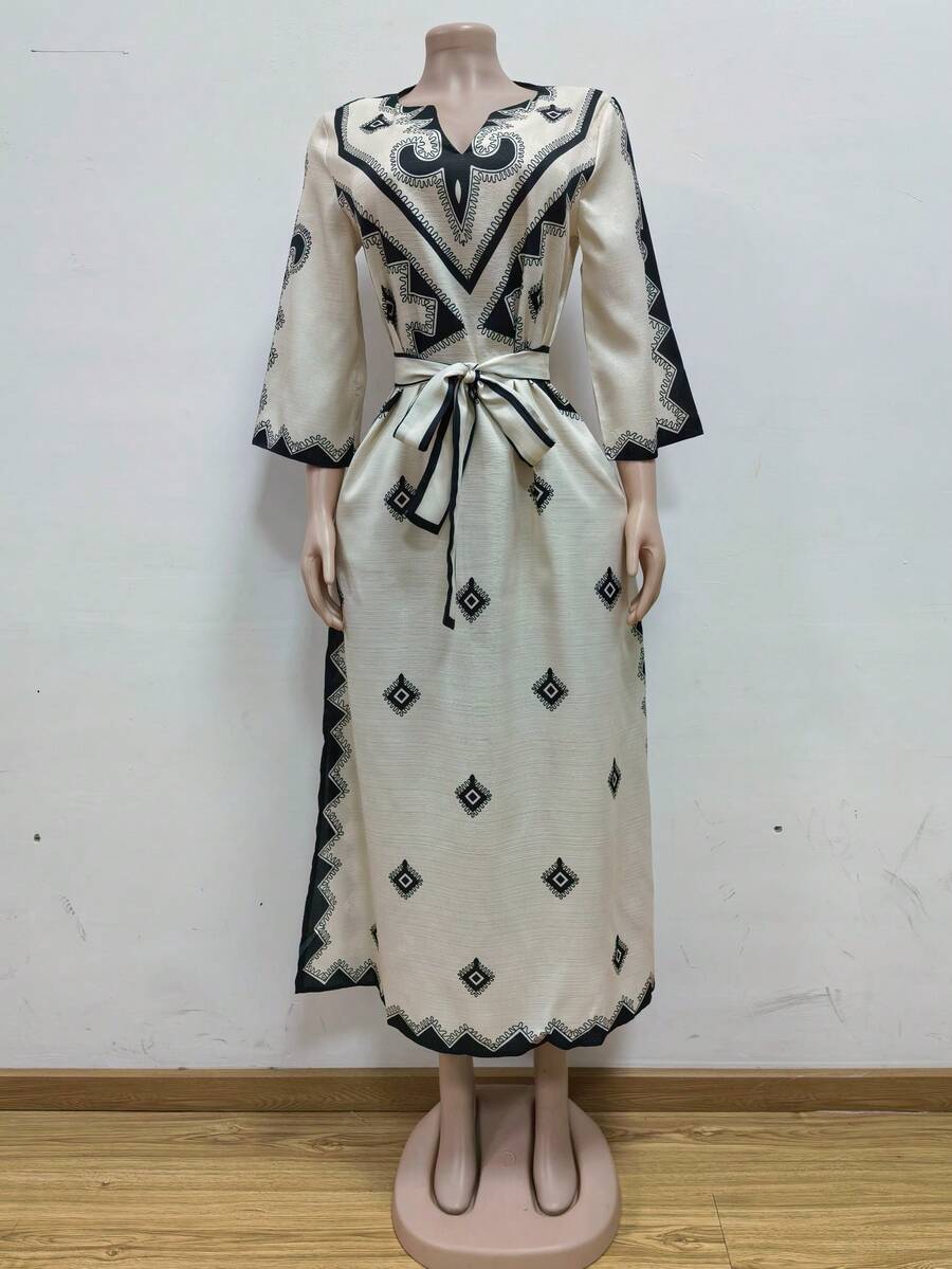 女士几何印花 V 领长袖系腰连衣裙 - 彩色 - 查看 1