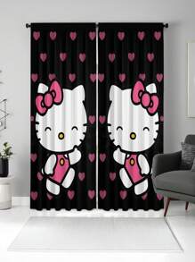 Sanrio 2pcs Sanrio Theme Black Hello Kitty Pattern Semi-Sheer Curtains - Made Of Polyester, With Rod Pocket Design, Easy To Hang, Cartoon Print Curtains, Suitable For Bedroom, Office, Living Room, Home Decor