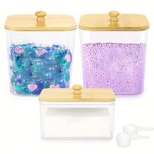 Laundry Pods Container,Clear Laundry Room Organization Containers,Large Laundry Detergent Powder Storage Containers With Wooden Lids & Labels,Laundry Pods Holder For Scent Booster,Powder,Pods, Bathroom Accessories, Room Decor - Multicolor - View 10