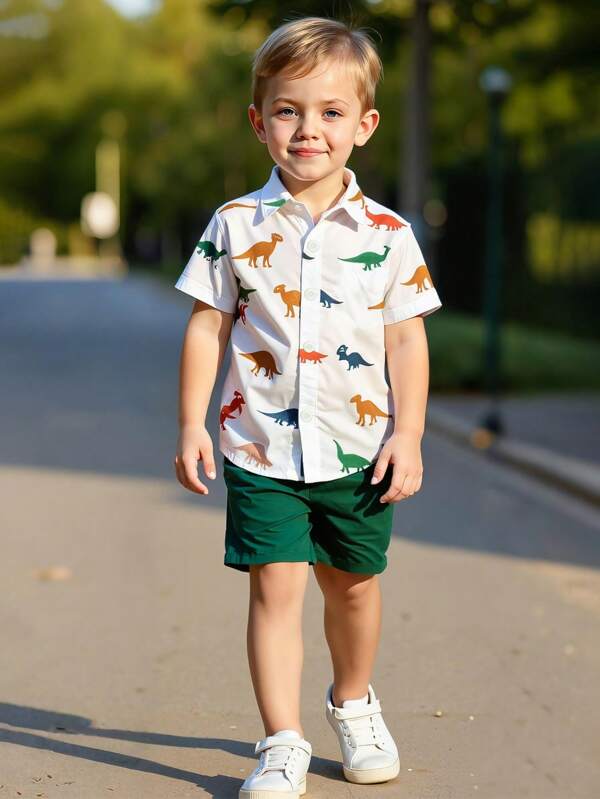 Conjunto de 2 piezas de camisa de manga corta con estampado de dinosaurios y pantalones cortos de verano para niño pequeño, conjunto casual cómodo