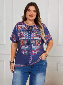 Plus Size Women Navy Blue Woven Graphic Print Batwing Sleeve V-Neck Drawstring Tassel Loose Pullover Top