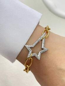 STYLEVER 1 PC Gold Five Pointed Starburst Bracelet, Set With Diamonds, Stainless Steel Chain, Suitable For Holiday Gifts, Exquisite Matching - Yellow Gold - View 8