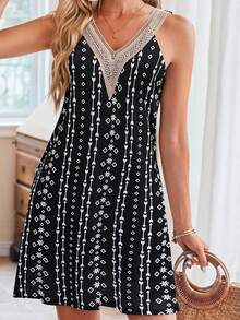 Womens Bohemian Tank Dress Summer Sleeveless Lace Trimmed V Neck Mini Dress Fit And Flare Dress