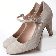 Women Cutout Mary Jane Mid Heels – Round Almond Toe Vintage Cone Heel Pumps With Ankle Strap For Spring Summer Weddings, Parties, Bridesmaids, Office & Everyday Wear [Size Up Half Size] - 金色亮片 - 查看 5