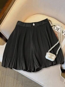 Minifalda plisada de unicolor, de estilo de moda y versátil - Negro - Ver 3