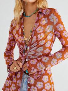 Women Button Down Shirt Y2K Boho Floral Mesh Long Sleeve Blouse Sheer Ruched Collar Top Vintage Going Out Aesthetic Streetwear - 紅色 - 查看 1