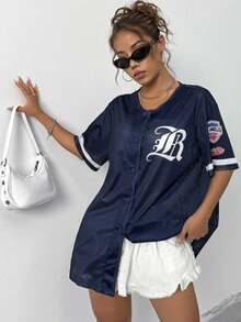 Women's Mesh Printed Open Front Short Sleeve Athletic T-Shirt - Navy Blue - View 3