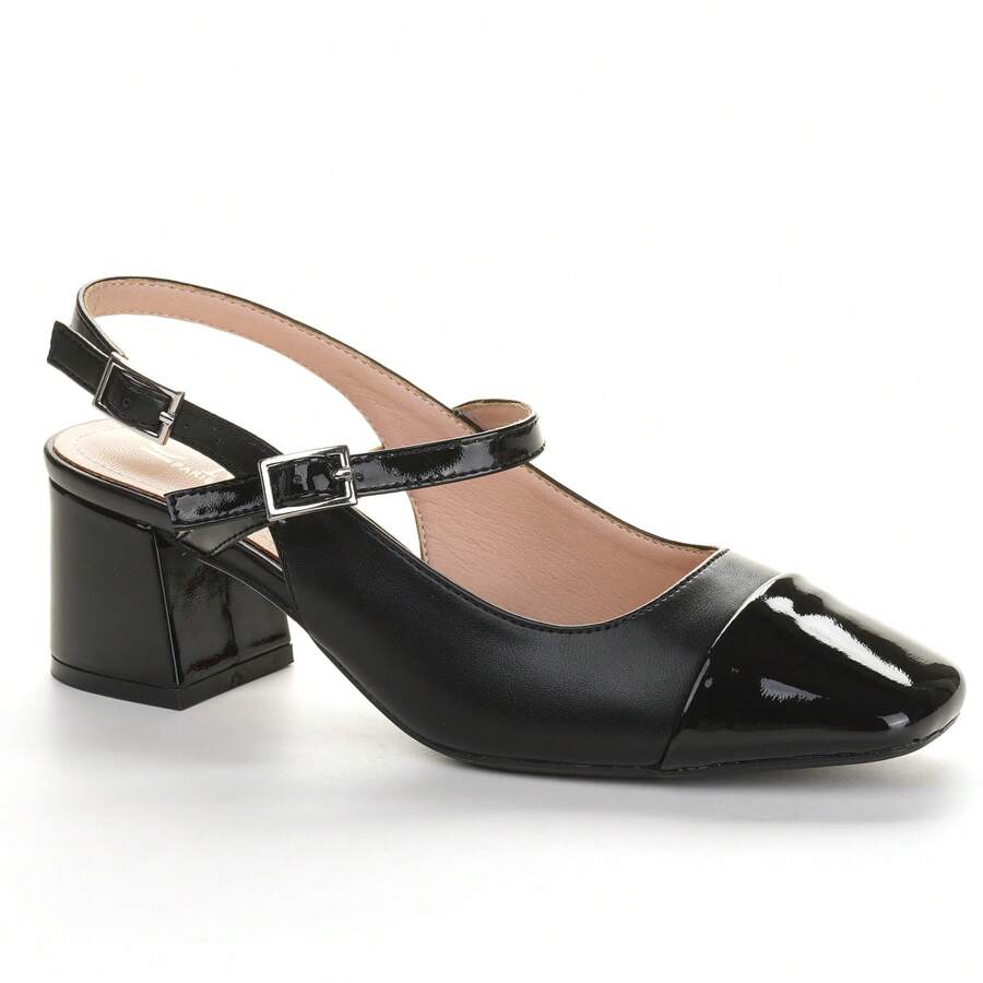 优雅方跟露趾女鞋 - 粗跟办公及正式场合鞋，亮面鞋头细节 - 黑色 - 查看 1