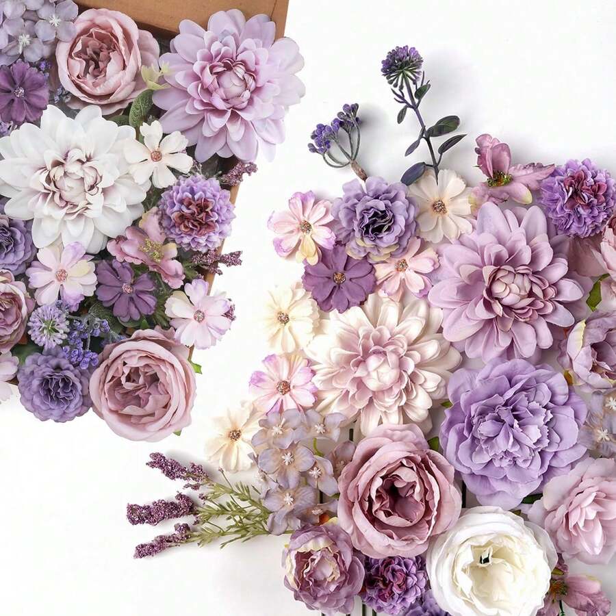Artificial Flowers Combo, Champagne Silk Roses, Peonies, Dahlias With Stems For DIY Wedding Bouquets, Baby Shower, Table Centerpieces, Home Decor, Fake Floral Arrangements, Party Decorations - 紫色 - 查看 1