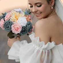 Artificial Flowers Combo, Champagne Silk Roses, Peonies, Dahlias With Stems For DIY Wedding Bouquets, Baby Shower, Table Centerpieces, Home Decor, Fake Floral Arrangements, Party Decorations - Pink&blue - 查看 6