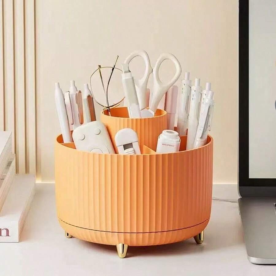 Multi-Color Optional Makeup Brush Organizer 360° Rotating Brush Holder Cup Desktop Accessory 5 Slot Makeup Brush Cup Cosmetic Brush Eyeliner, Dresser Organizer, Desk Stationery Organizer - Holiday Gift - 橘色 - 查看 1